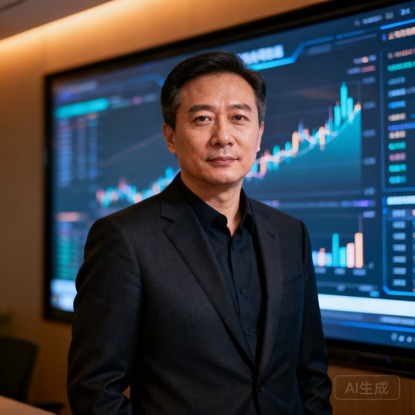 公司创始人陈志远的职业肖像照，四十多岁男性，身着深色西装，背景为数据可视化大屏